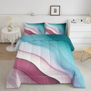 Feelyou 3D Ombre Microfiber Comforter Set - Luxury Breathable Bedroom Bedding Set with Gradient Green, Red, Pink Ocean Waves, Sea and Beach Theme