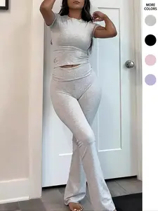 Women's Plain Crop Tee & Flare Leg Pants Two-Piece Set, Casual Fashion Cozy Round Neck Short Sleeve T-Shirt & High Waist Bell Bottom Trousers for Daily Outdoor Wear, Ladies Clothes for All Seasons