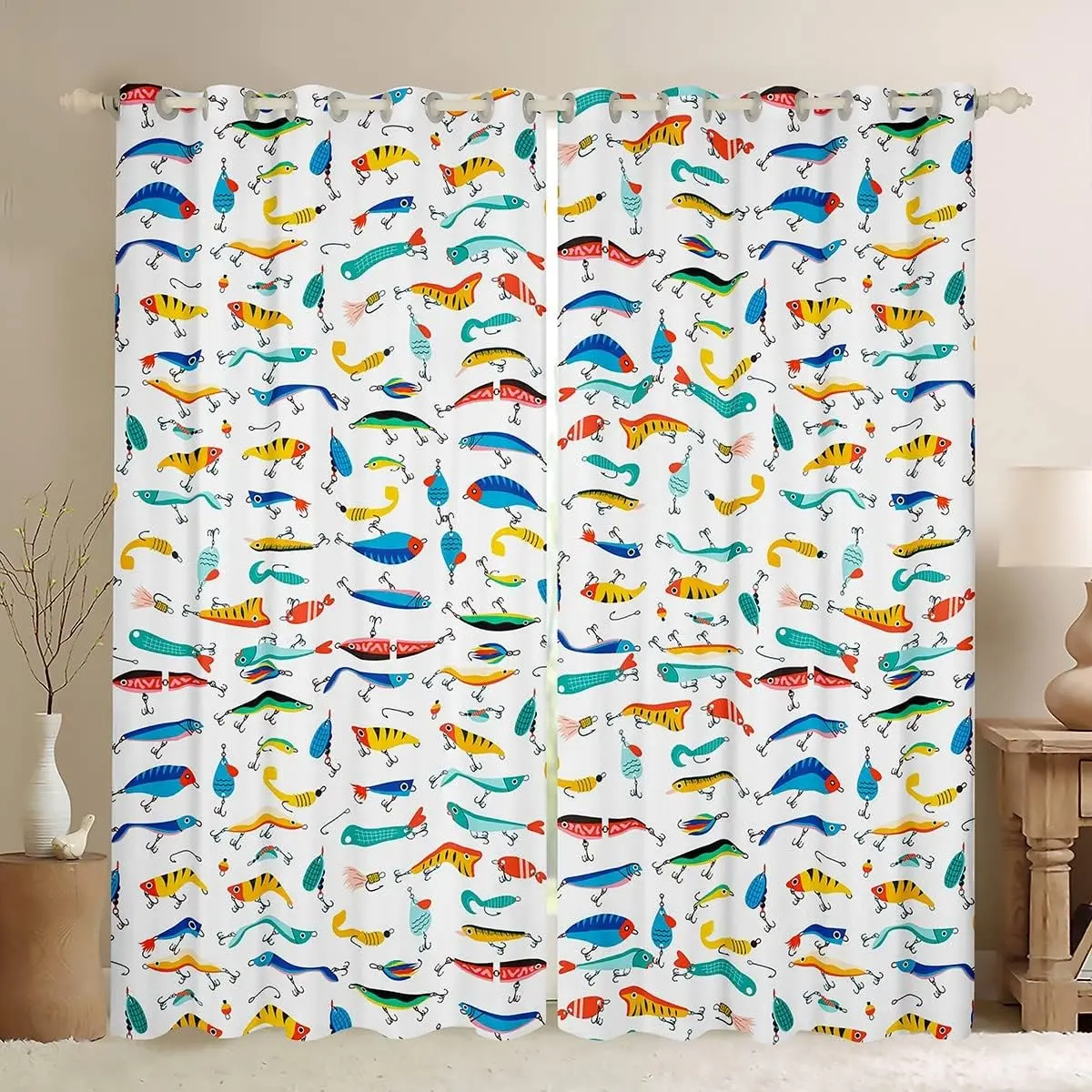 Feelyou Nature Theme Patterned Grommet Curtains - 2-Panel Soft Touch Velvet Blackout Drapes, Window Decorations Supplies, Curtains and Nettings, 52x63 in Fish Bait & Fishing Hook Printed Treatments, Durable, Machine Washable, Easy to Hang, Home Decorative