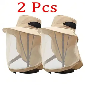 2pcs Mosquito Repellent Hats, Men's Fishing Hat With Face Covering, Sun Protection, Breathable Mesh Face Shield, Insect Proof For Night Fishing, Women's Bee Proof Hat, New Summer Sun Protection Bucket Hat For Women, Outdoor Fashion Sun Hat For Men