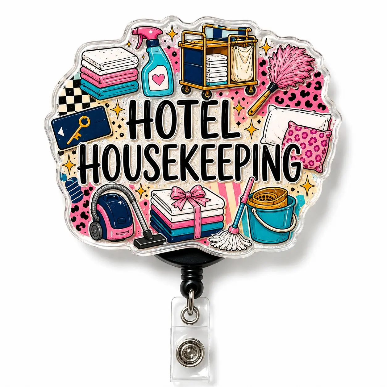 Badge Reel 2 Inch – Hotel Housekeeping Retractable ID Badge Holder, Colorful Cleaning Crew Acrylic Badge Reel for Housekeepers, Hotel Staff & Custodians