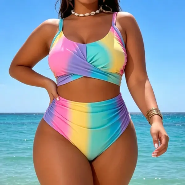 Women's Plus Size Gradient Wrap Bikini Set - Adjustable Spaghetti Strap Back Bow-Tie Top, Ruched High-Waist Swim Bottom, Curve-Flattering Summer Beach Bathing Suit