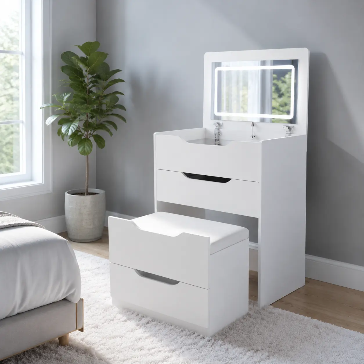 Convertible 3-in-1 Smart Vanity Set, Multi Scene Storage Cabinet & Mini Writing Desk, High Dimmable 3 Tone LED Flip Mirror, 4 Partitioned Storage Drawers, Space Hidden Padded Stool