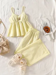 Tomattis Tween Girls Casual Basic Vacation T-Shirt Set, Spaghetti Strap Loose Lace Trim Top And White Wide Leg Pants Outfit