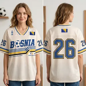 Bosnia Football Jersey , Cream White Blue Yellow Bosnia Herzegovina Flag Patch Mesh Breathable V-Neck Shirt 2026 Global Soccer Event, Perfect Gift for Soccer Fans