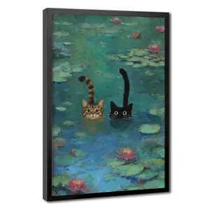 Monet Water Lilies Cat Art Print, Funny Tabby & Black Cat in Water Lily Pond Poster, Impressionism Cat Wall Decor, Cute Cat Painting for Living Room Bathroom Home Decor