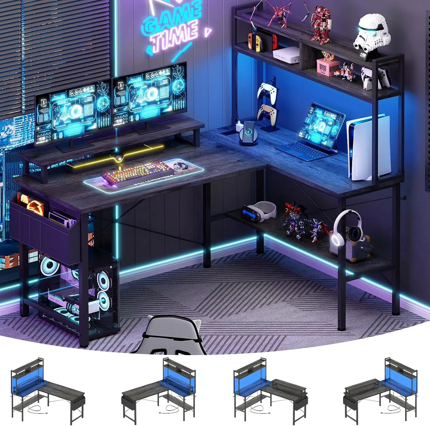 49'' L-Shaped Gaming Desk with Power Outlets & LED Lights – Small Reversible Corner Desk with Monitor Stand, Storage Bag, Home Office Gaming Desk，Fits Any Room