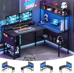 49'' L-Shaped Gaming Desk with Power Outlets & LED Lights – Small Reversible Corner Desk with Monitor Stand, Storage Bag, Home Office Gaming Desk，Fits Any Room