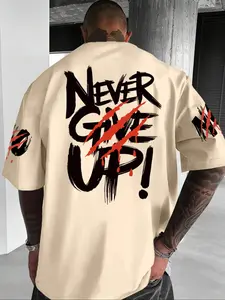 Men's Round Neck Letter Print Fitted Long Short Sleeve Top, Casual Streetwear Fashion, High-Quality Fabric, Essential Basic Men's Clothing