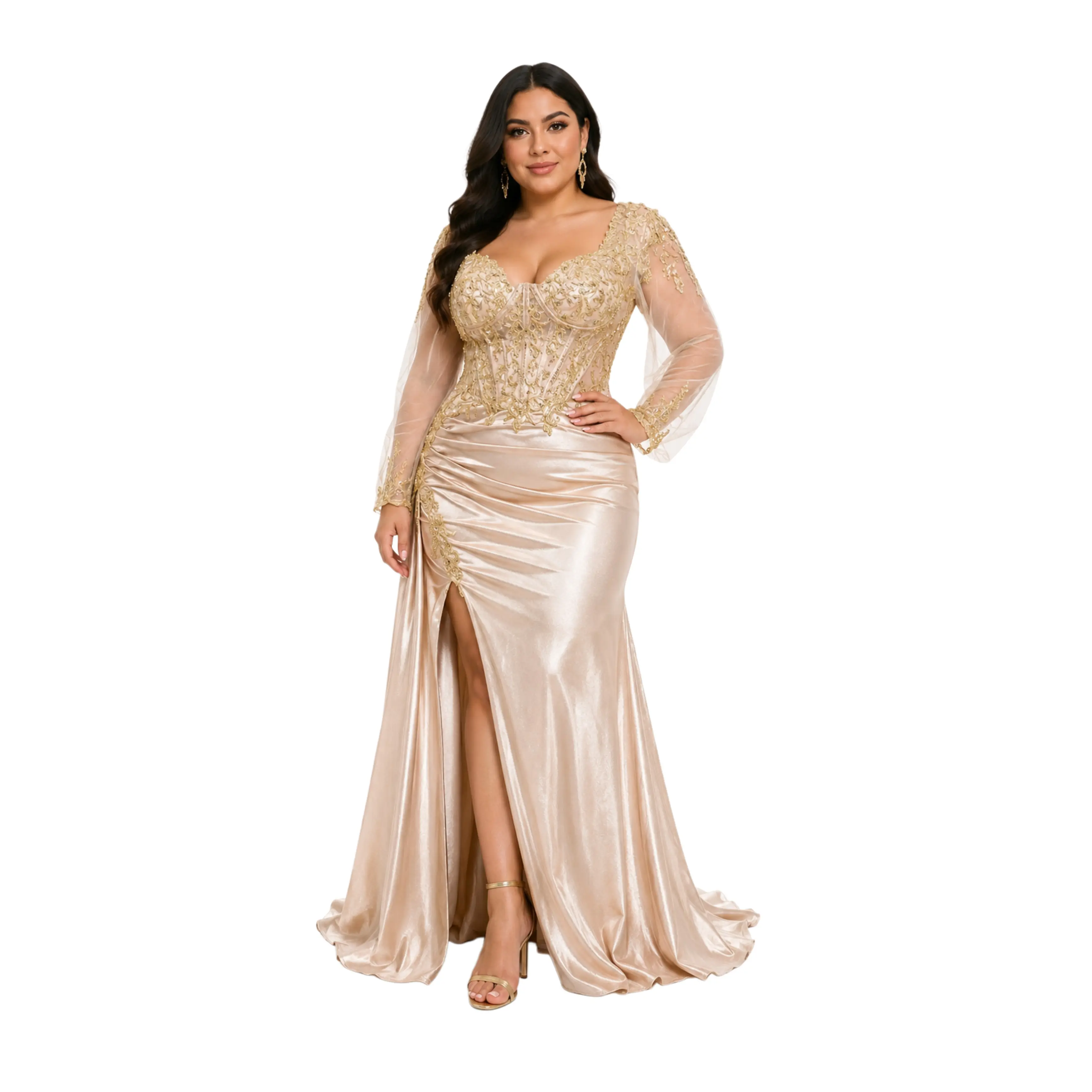 Elegant Satin Evening Gown for Women, Long Sleeve Formal Dress with Embroidered Corset Bodice, Sheer Mesh Sleeves, Ruched Waist, High Slit & Floor-Length Mermaid Skirt for Wedding Guest, Prom, Gala, Party & Special Occasions