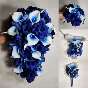 Royal Blue Rose Calla Lily Real Touch Bridal Wedding Bouquet Accessories