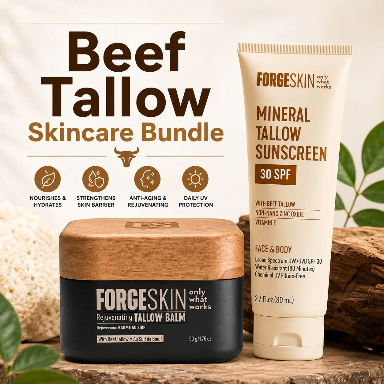 Beef Tallow Skincare Bundle: Forge Skin Wrinkle Defense Beef Tallow Balm Moisturizer Hydrating Anti-Aging + Mineral Tallow Non Nano Zinc Oxide Sunscreen SPF 30