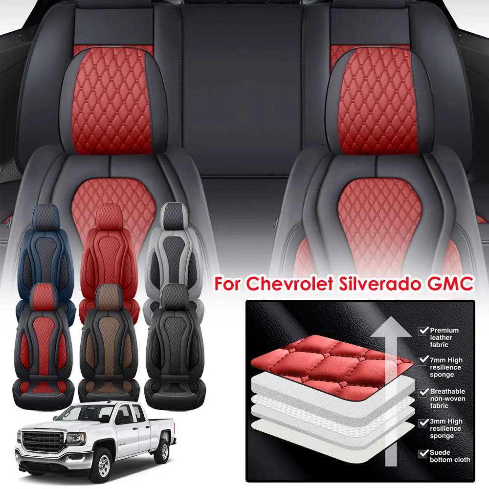 For Chevrolet Silverado GMC Sierra 1500/2500 HD/3500 HD Pick-up 2007-2025 Car Seat Covers, Deluxe Leather 3D Support Front & Rear Seat Cover Protector, Full Surround with Storage Bag Auto Seat Accessories