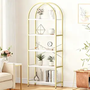 Garvee 5-Tier Bookshelf Arched Display Racks, Industrial Tall Standing Bookcase Display Shelf Racks, Modern Open Storage Rack Shelf Large Wood Book Shelf for Living Room Home Office