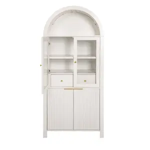 71" Fluted Multi-PurposeTall Arched Pantry Cabinet with Adjustable Shelves,Arched Bookcase Home Organization Elegant Display Storage with Hidden Drawer & Glass Door for Kitchen, Living Room, Dining Room