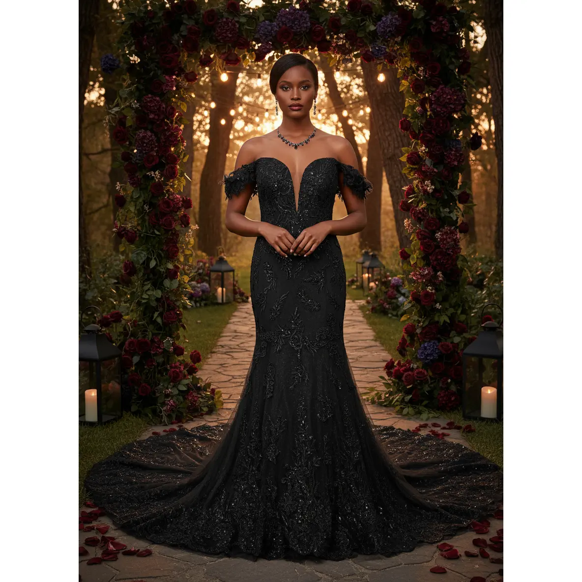 Star Black Wedding dress, Fit and Flare Black Wedding Dress , Gothic Wedding Dress, Black Bridal Gown,V neckline wedding dress