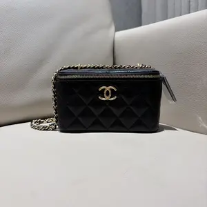 Pre-owned CHANEL Lambskin Quilted Small Pillow Crush Vanity Case With Chain Black 2022 ACK93L49 HK