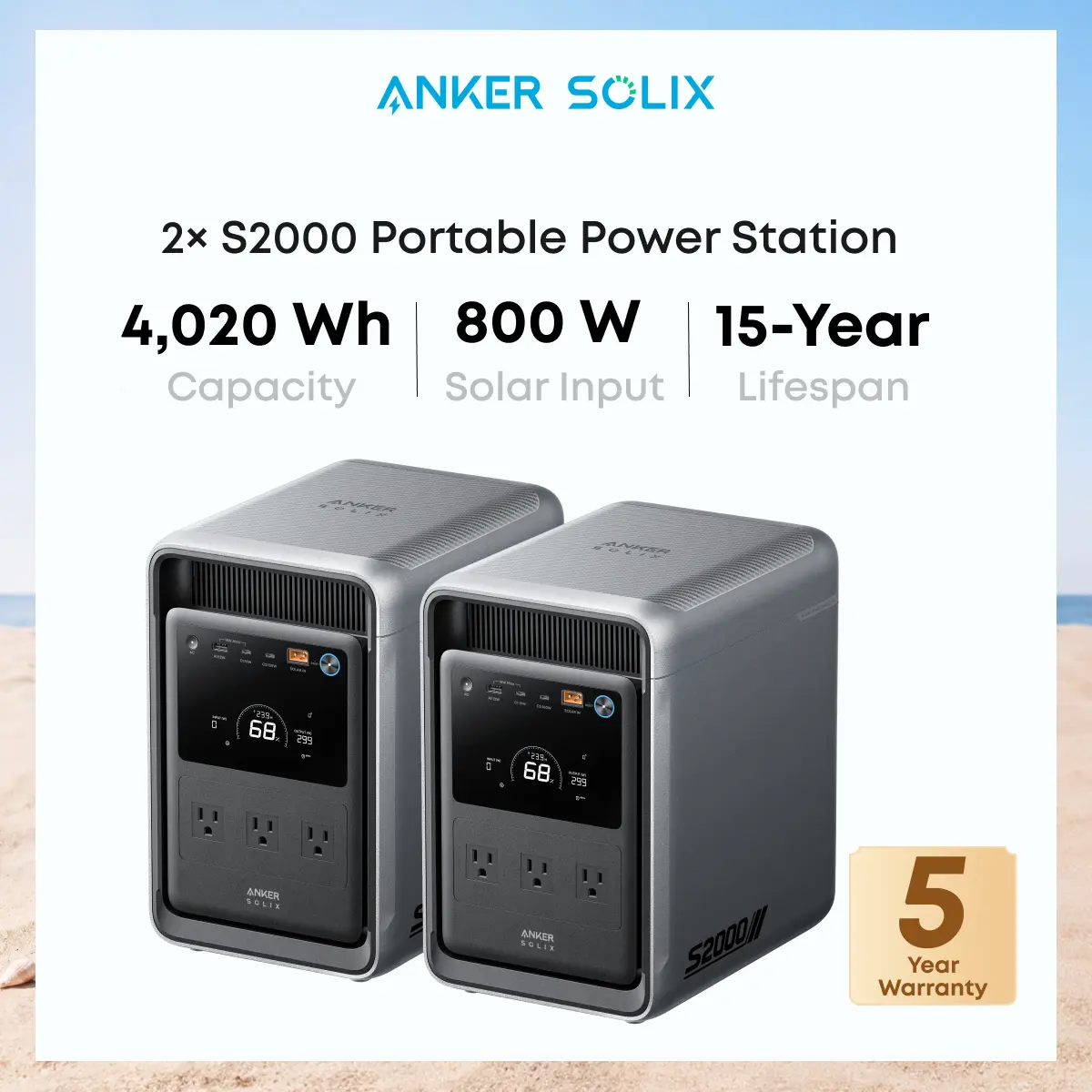 Anker SOLIX S2000 Portable Power Station (2-Pack), 4,020Wh, 1,500W | 4,020Wh LiFePO4 Battery, Up to 35-Hour Fridge Backup, 1,500W Solar Generator for Home, Outdoor, and Emergency Use
