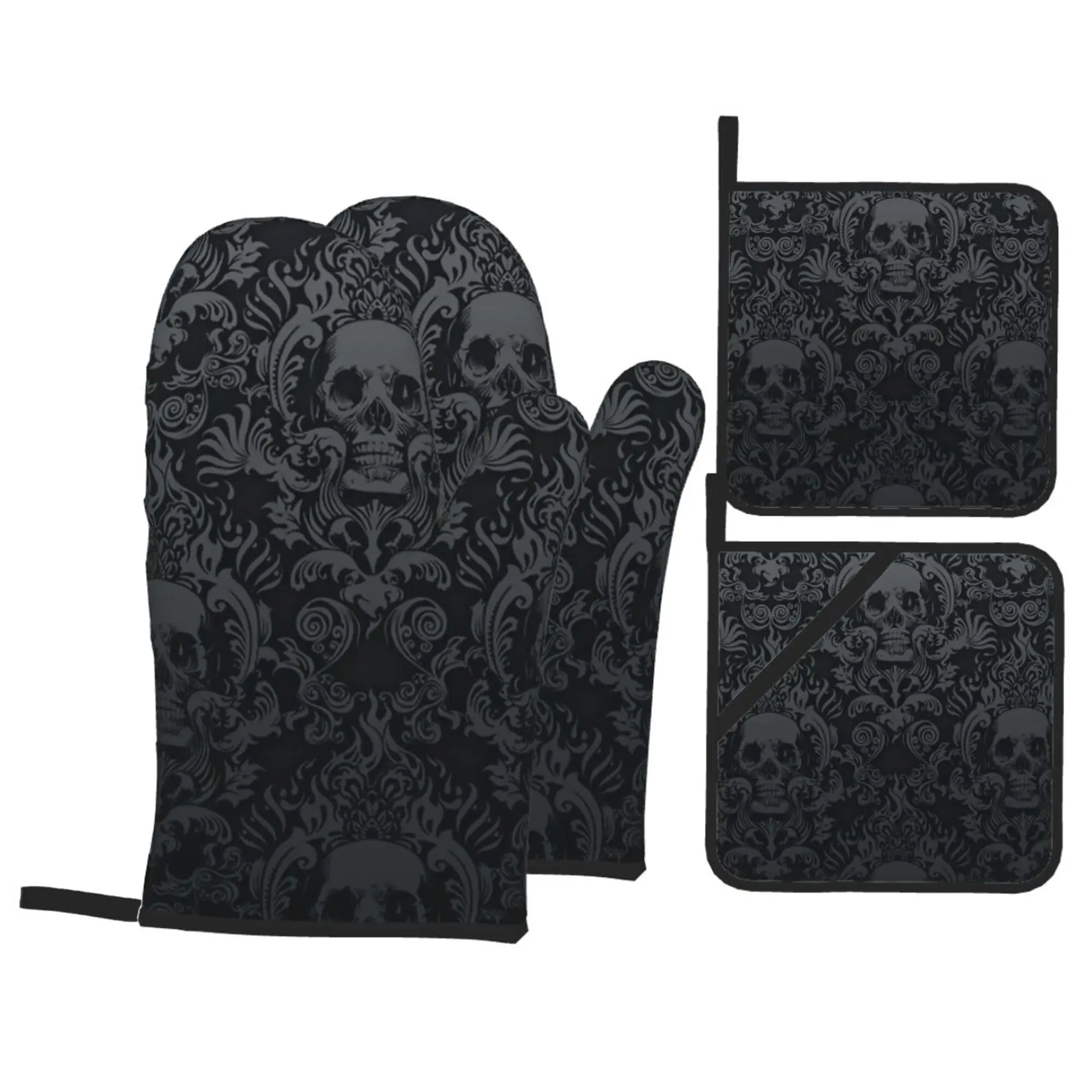 Victorian Gothic Black Printed Skull Damask Oven Mitts & Pot Holders Set (4-Piece) - Waterproof, Quilted Cotton Adds Padding, Silicone Non-Slip Hanging Hot Pads for Kitchen Cooking, Grilling