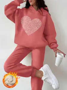 Women's Hooded Sweatshirt Set, Heart Polka Dot Pattern, Thick Fleece Lined, Long Sleeve Pants for Fall & Winter