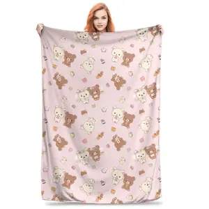 Kawaii Rilakkuma Knitted Flannel Throw Blanket - Figure Print Blanket, Cartoon-Printed Bedding Accessory, Soft Warm Summer AC Use, Whimsical Room Decor, Teen Room Decor, Bedroom Gift summerwins,summerwins