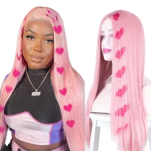 ZIHAN 26 Inch Long Straight Love Wig Middle Part Pink Synthetic Heat Resistant Fiber for Party Use Natural Looking Pre Styled Wig
