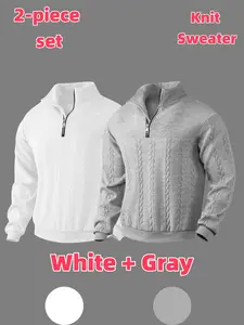 Men's Fall Winter Fashion Half-Zip Knit Sweater Set, Casual Outdoor Sports Wear, Available in Navy Colors