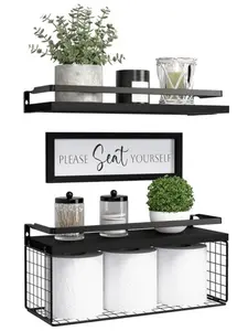 DOLLFIO Floating Shelves with Wall Décor Sign, Bathroom Shelves Over Toilet with Wire Storage Basket, Wood Wall Shelves with Protective Metal Guardrail– Black