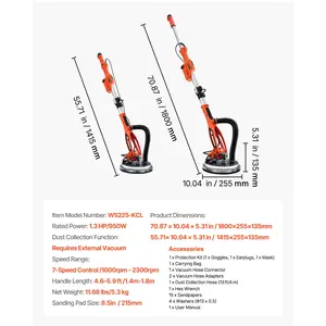 VEVOR Drywall Sander, 950W Electric Drywall Sander, Popcorn Ceiling Removal Tool with 7 Variable Speed 1000-2300 RPM, Double-Deck LED Light, Foldable Extendable Handle, 15 Sanding Discs, Dust Hose