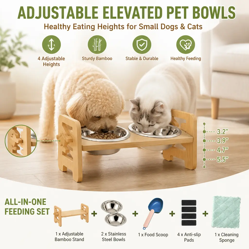 Elevated Bamboo Dog Bowls with Height-Adjust Stand - 2 Metal Stainless Steel Bowls, 15° Tilted Platform, Feeding Tray, Flat-Fold Indoor Pet Dish, Natural Durable Design, Mid-Year Sale Deals (No Redundant Features Included)