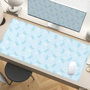 Blue & White Floral Bow Desk Mat Gaming Mouse Pad XXL Extended Mouse Pad for Laptop Large Mouse Pad for Desk with Non-Slip Rubber Base Stitched Edges Surface for PC Gamers Office Workers & Home Use Desktop Accessory