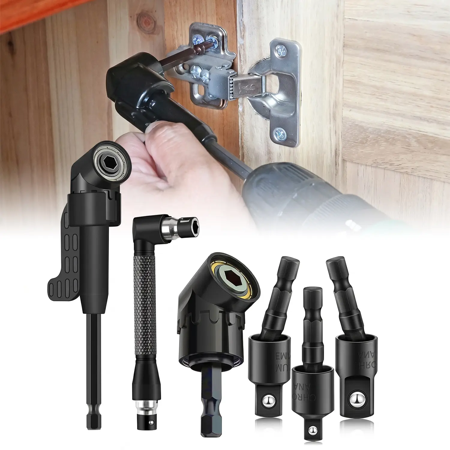 VAYWET 6pcs Right Angle Drill Bit Accessory Set, Including 3 360° Rotatable 1/4, 3/8, 1/2 Inch Impact Grade Socket Adapters, 2 105° Hex Shank Angle Drill Adapters 90° Bevel Drill Bit Flexible Shaft Set Versatile Drilling Accessories for Home Improvement
