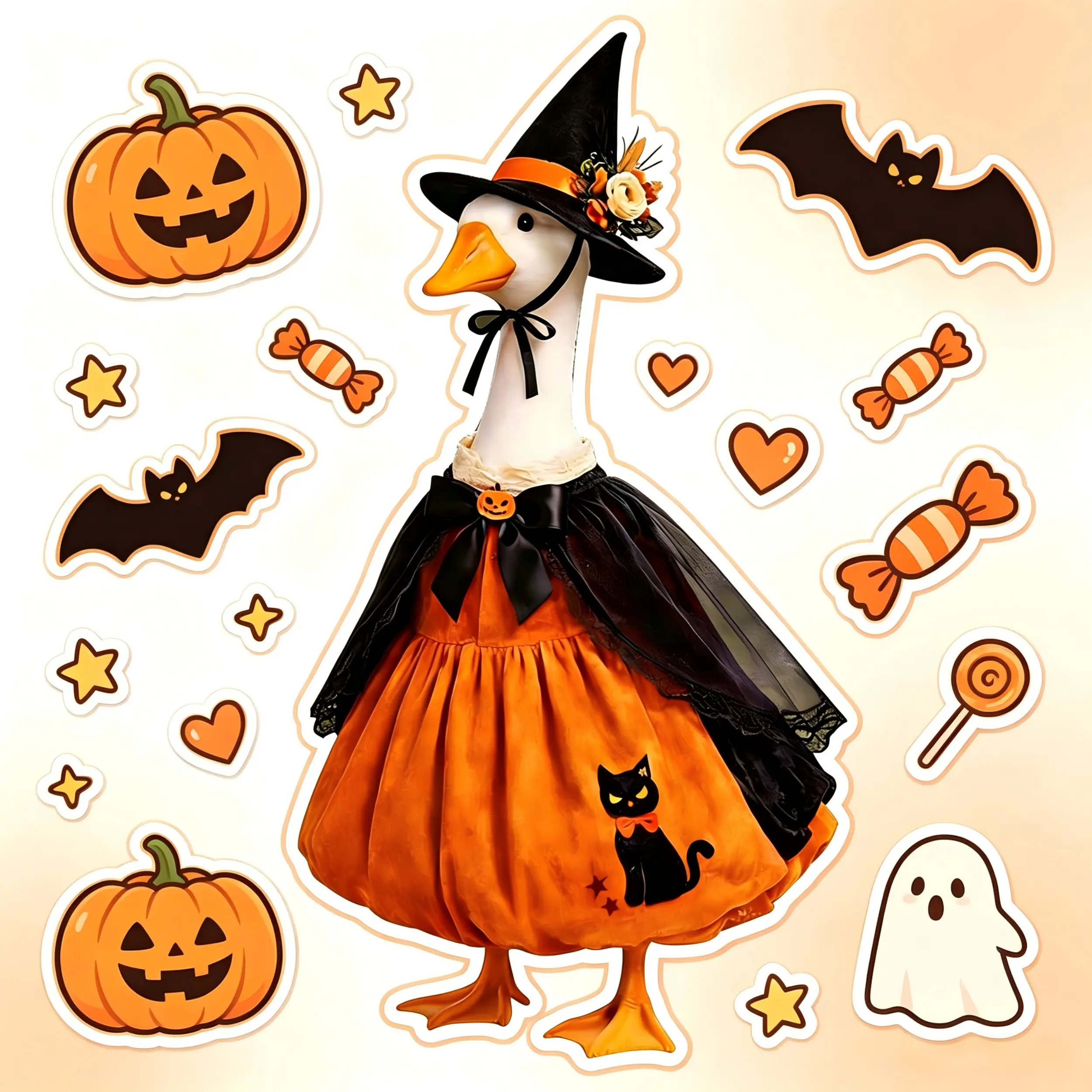 Retro Lightweight Halloween Witch Porch Costume Set (17/23in) - Black Cat Orange Velvet Dress, Floral Witch Hat, Lace Cape with Flowers, Fall Home Decor Gift for Lawn Figurine, Figurine Not Included