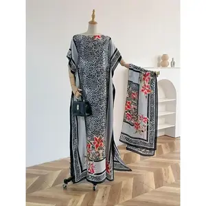 Women's leopard print long sleeved kimono and scarf set, elegant floral print off shoulder jacket and shawl, beach vacation women's clothingRAIMENTRY