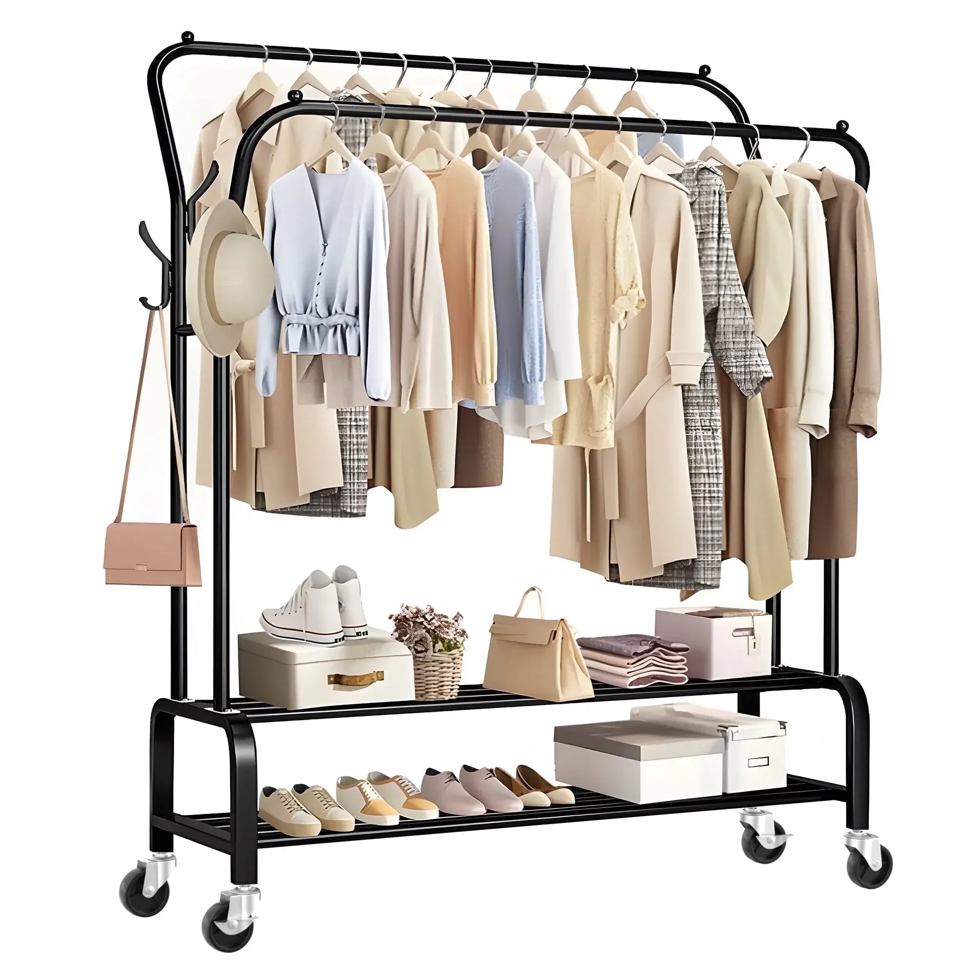 UNTIMATY Clothing Garment Rack Heavy Duty Freestanding Metal Clothes Stand Double Rail 8 Hangers 2 Shoe Shelves, Black Closet Storage Hanging Hangable Organiser