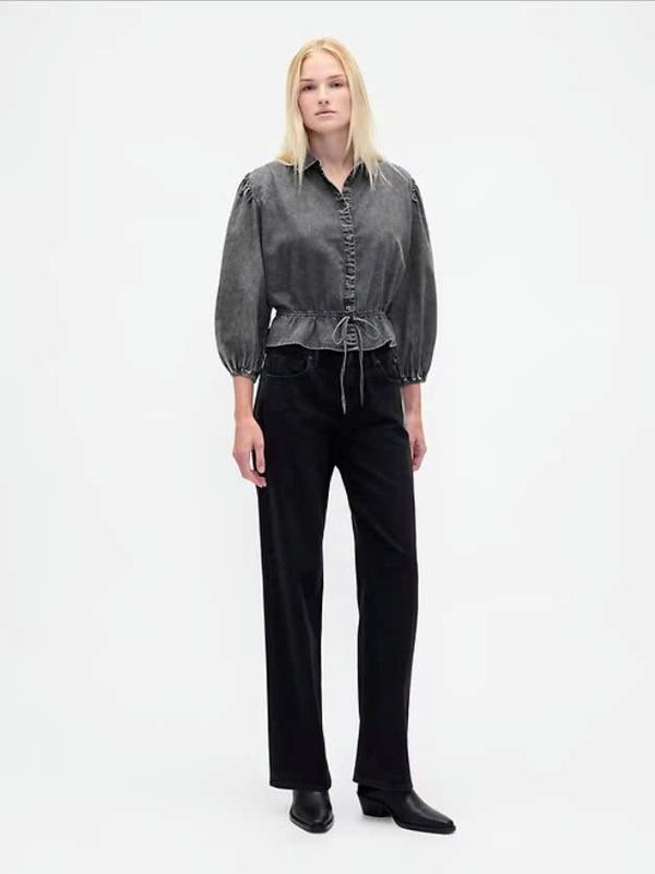 Denim Tie-Waist Top - Oversized Fit Slightly Cropped Spread Collar Elbow Balloon Sleeves Button Front Elastic Waist Tie Detail Black Wash