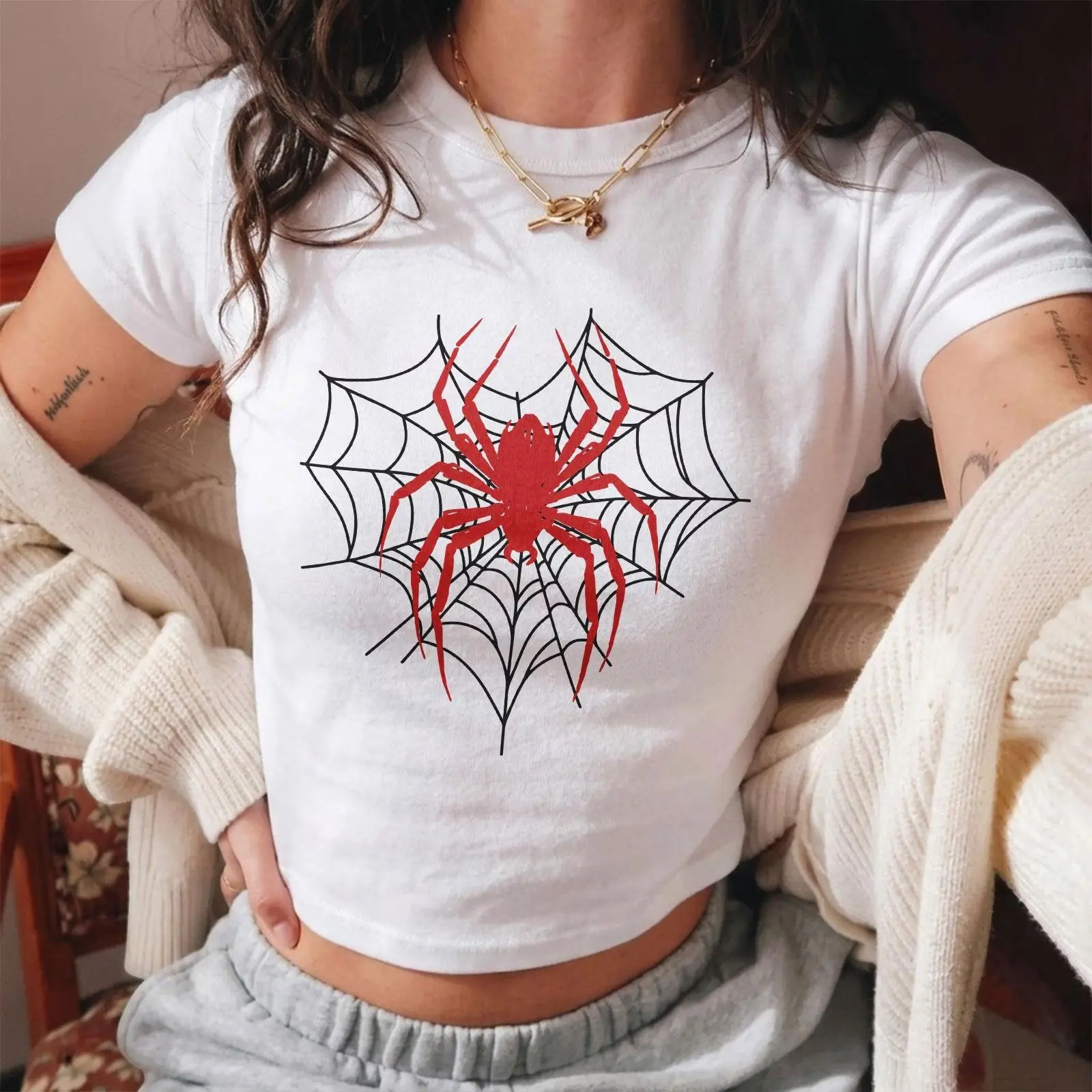Red Spider Web Graphic Tee, Gothic Aesthetic Crop Top, Edgy Halloween Spider Tee for Women, Alternative Grunge Graphic T Shirt- LUWARREN Store