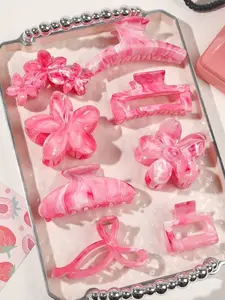 8PCS Soft Blue-Gray Hair Clip Set – Minimalist Flower & Plush Claw Clips for Everyday Style