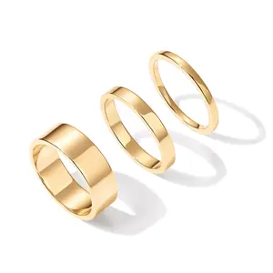 PAVOI 14K Gold Plated Three Stackable Rings for Women - Set of 3 Wide Stackable Bands - Gold Ring Stack Statement Jewelry
