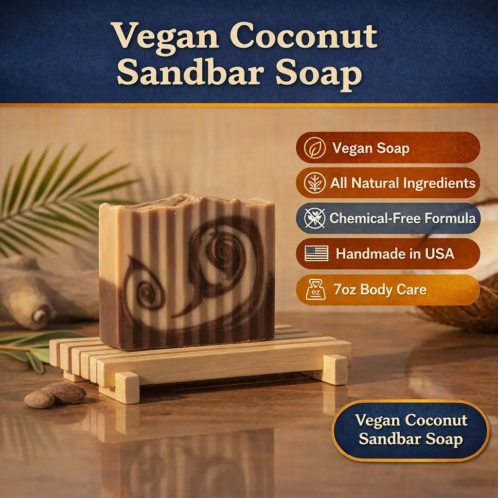 Sandbar Suds Coconut Sandbar Vegan Soap 7oz Body Care Fragrance Handmade in USA All Natural Ingredients Chemical Free Formula