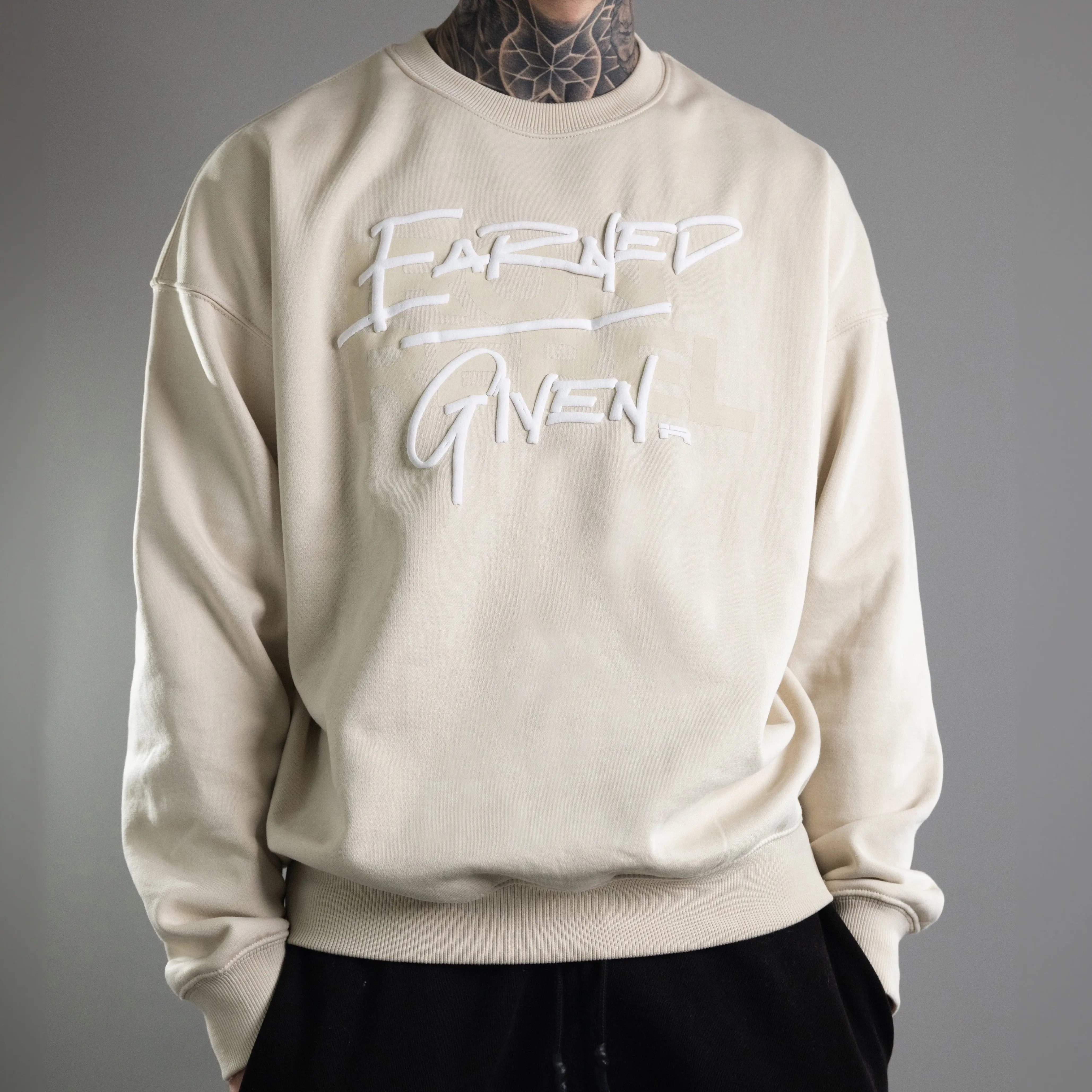Earned/Given Graphic Crewneck (Oat) – Soft Cotton Fabric Sweater for Gym & Everyday Casual Streetwear