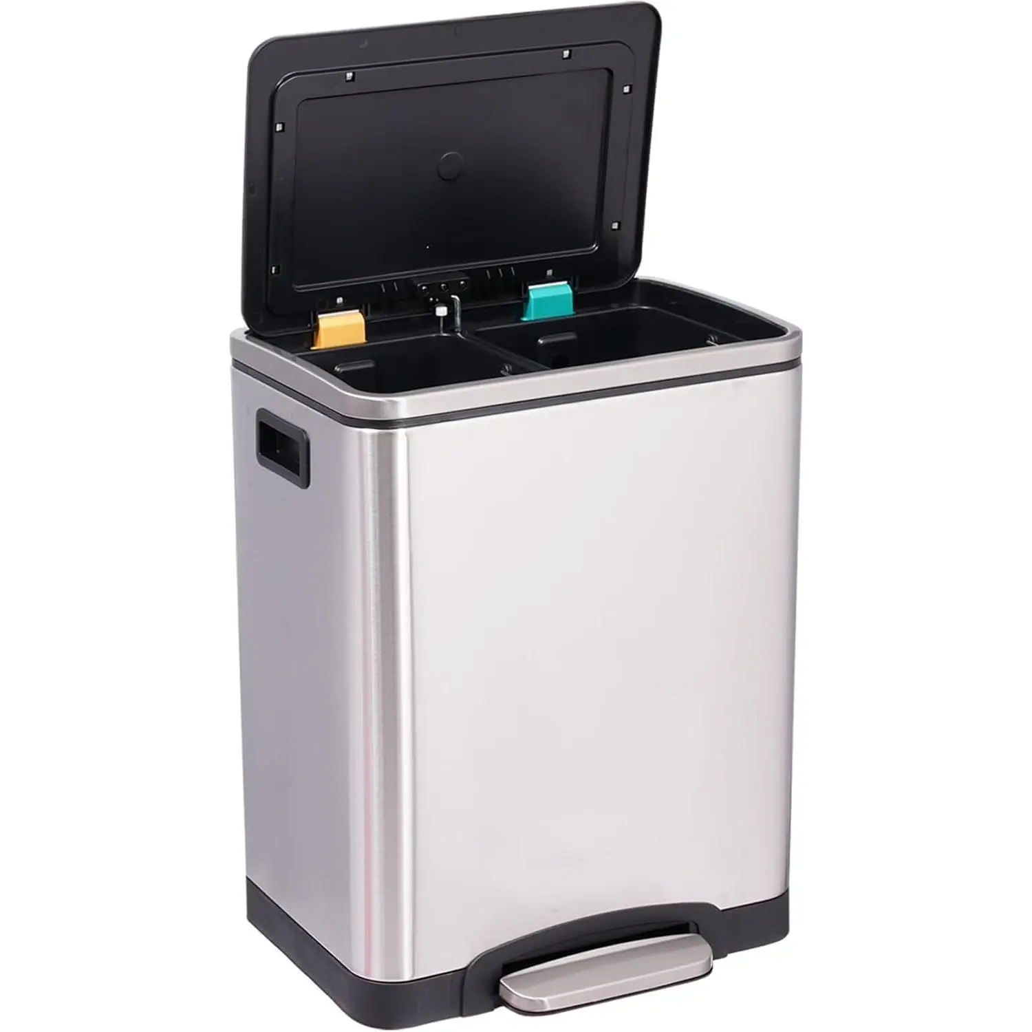 Garvee Dual Trash Can Set, 2 x 4 Gallon (2 x 15L) Stainless Steel Bins with Recycling Compartment, Soft-Close Lids, Step-On Pedals, and Removable Inner Buckets for Easy Waste Management