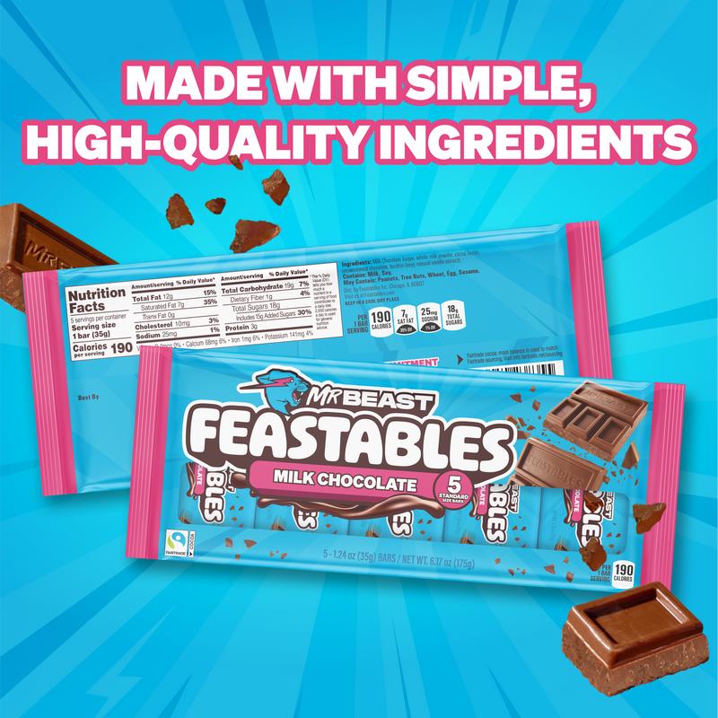 Feastables by Mr. Beast - Milk Chocolate Bars - for Adults & Kids, Chocolate, Candy, Cocoa Sweet & Crunchy Snack, Fairtrade Certified, Kosher, Perfect for Gifting or Snacking