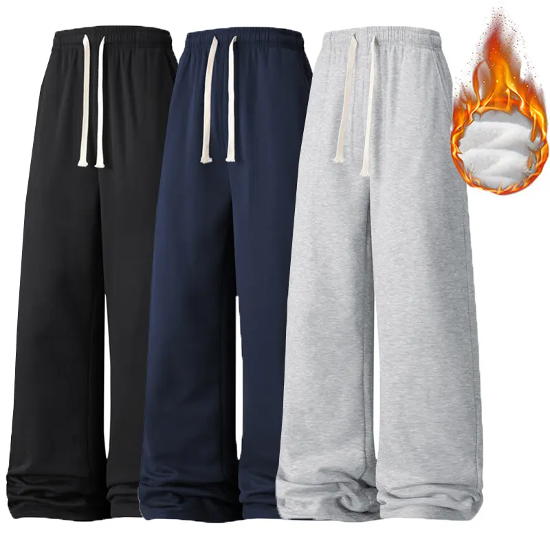Men's Solid Color Warm Fleece-Lined Joggers - Drawstring Waistband, Regular Straight Leg Thick Pants for Autumn, Winter Athleisure & Everyday Wear, Men's Fleece Sweatpants, Men's Sweatpants
