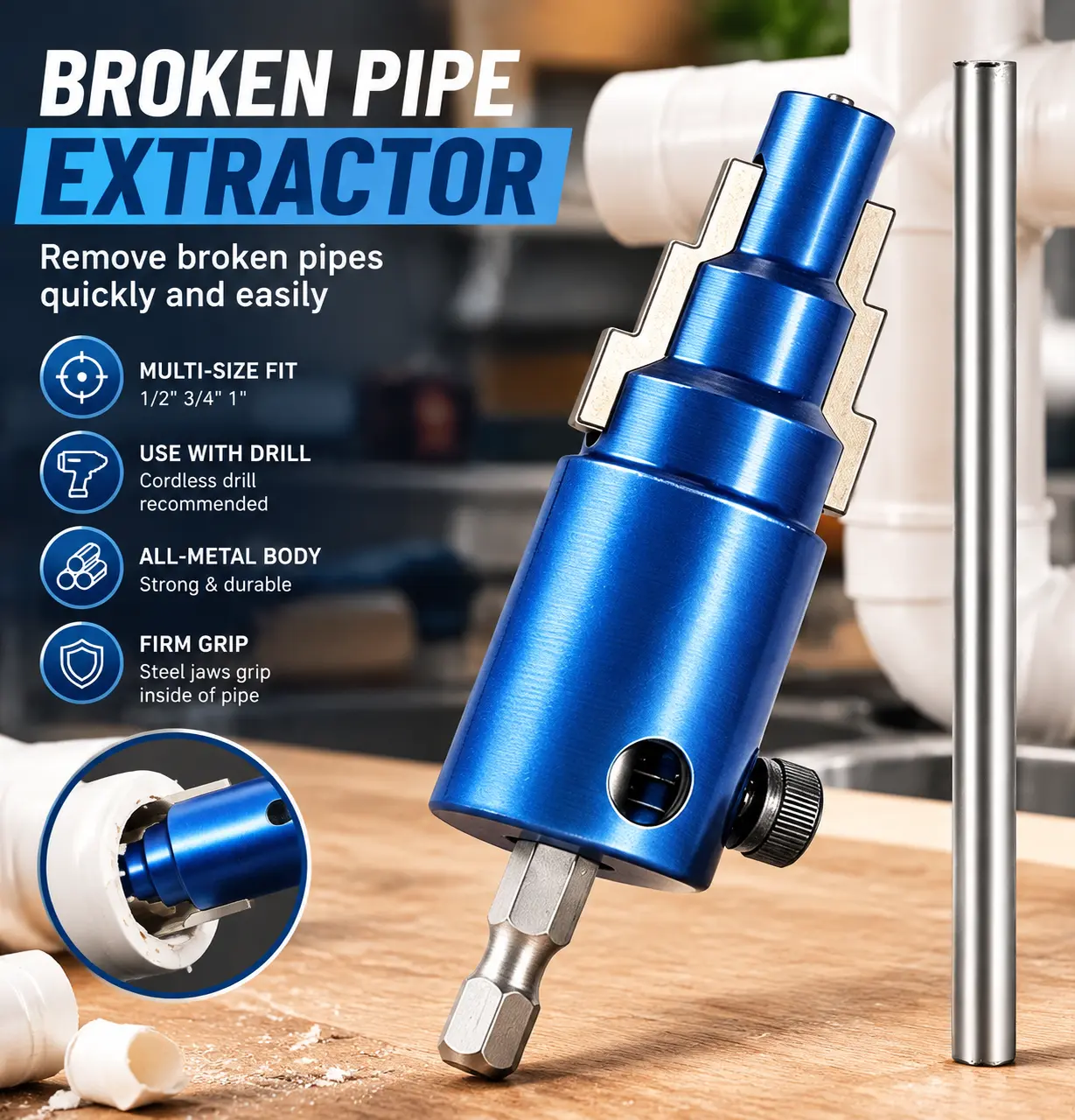 Pipe Extractor Tool, Broken Faucet Pipe Remover for Damaged Threaded Fittings, Plumbing Repair Tool for Valve Replacement, Home & Construction Use