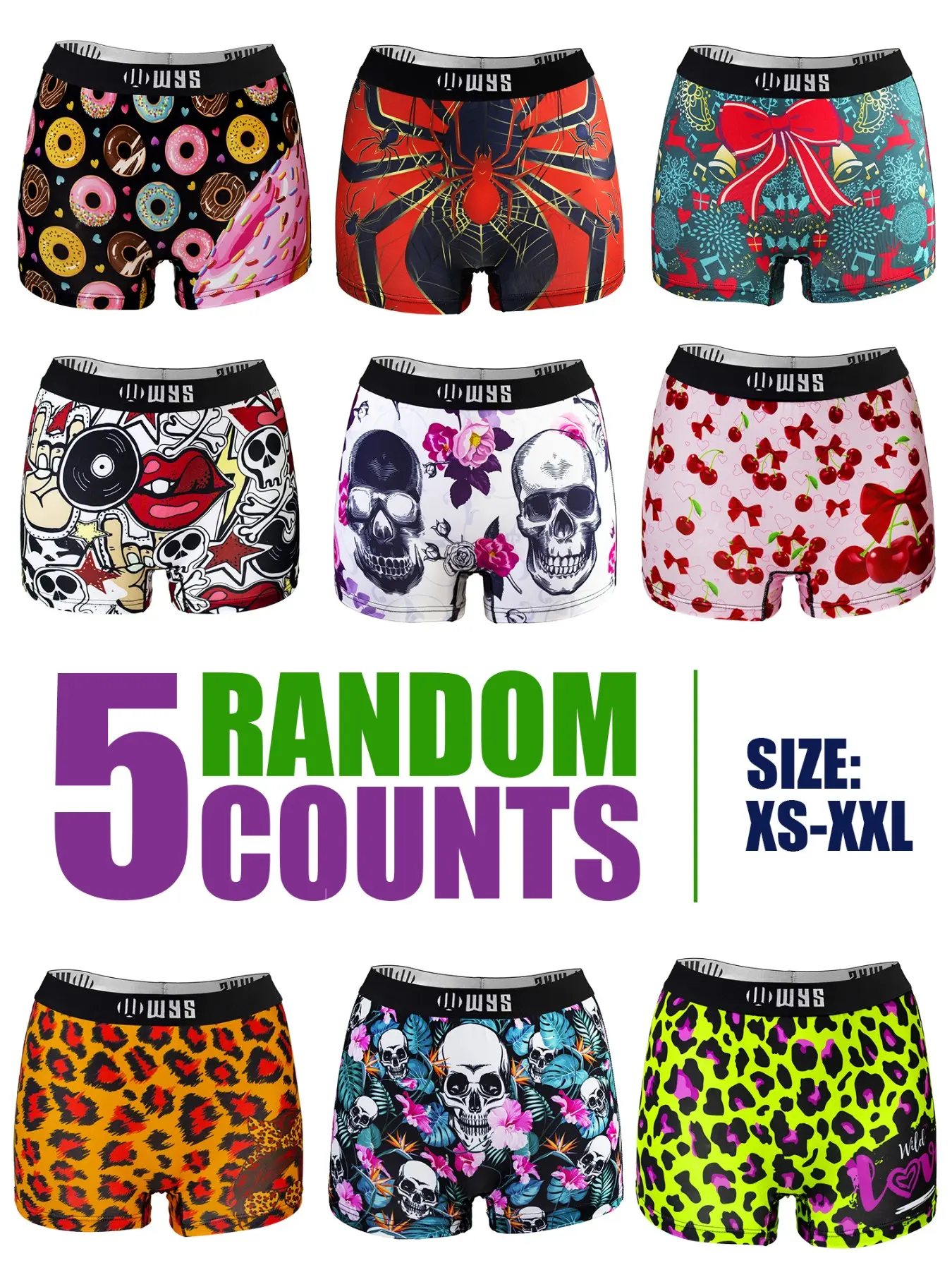 RANDOM 5PCS Women's Comfortable Elastic Sporty Fit Underwear, Fashion Casual Briefs, Digital Print Multicolor Floral Halloween Skull Valentine's Day Cherry Strawberry Donut Leopard Pattern