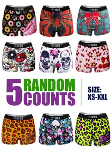 RANDOM 5PCS Women's Comfortable Elastic Sporty Underwear, Fashion Casual Briefs, Digital Print Halloween Skull Valentine's Day Cherry Strawberry Donut Leopard Pattern