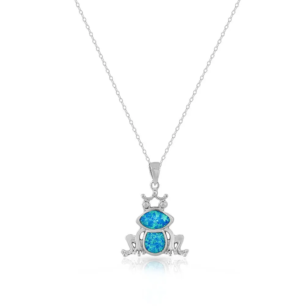 Female 925 Sterling Silver Frog Pendant Necklace with Blue Turquoise-Tone Simulated Opal, Adjustable, Lightweight