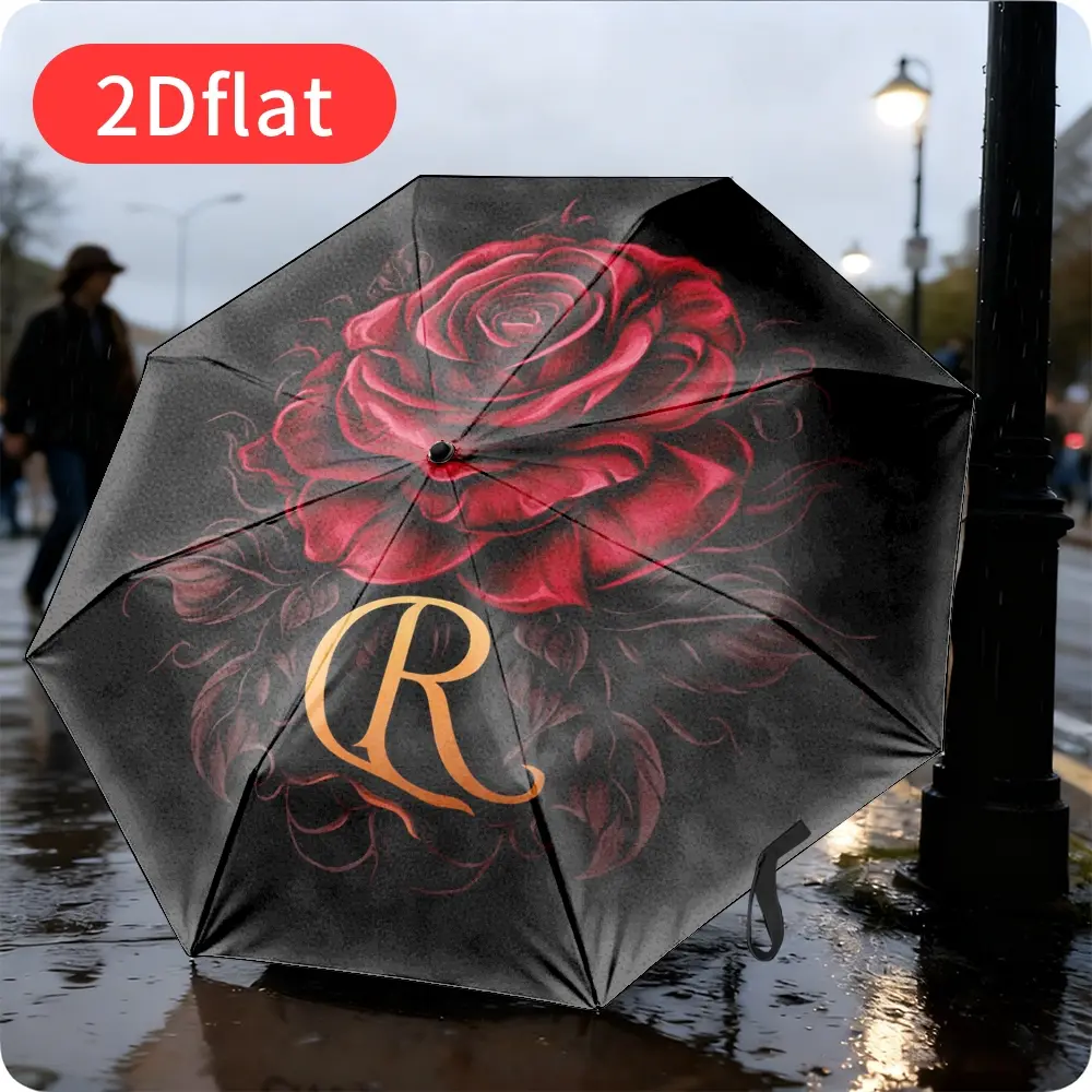 1 Automatic Open-Close Umbrella – Red Rose Floral Design Folding Travel Umbrella on Black Background – Elegant for Women's Everyday and Formal Use, Perfect Gift Choice – Model Y69, Includes Umbrella Stand, Durable