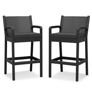 Outdoor Bar Stools Set of 2 – Black Wicker Patio Bar Height Chairs – Armrests & Cushions – Comfortable Seating for Balcony, Garden, Pool, Deck, Backyard